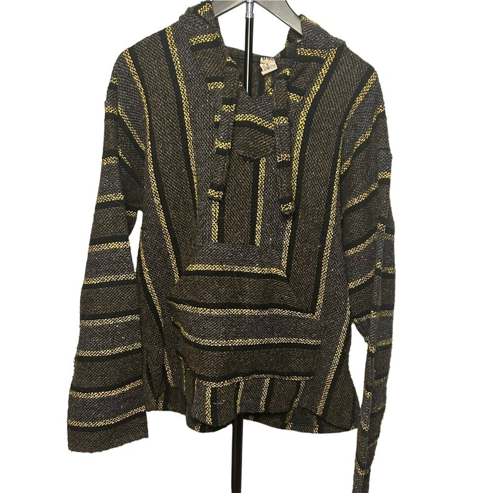 VTG Molina Baja Hoodie Charcoal Grey Yellow Striped Mexican Rug Hoodie Gorpcore